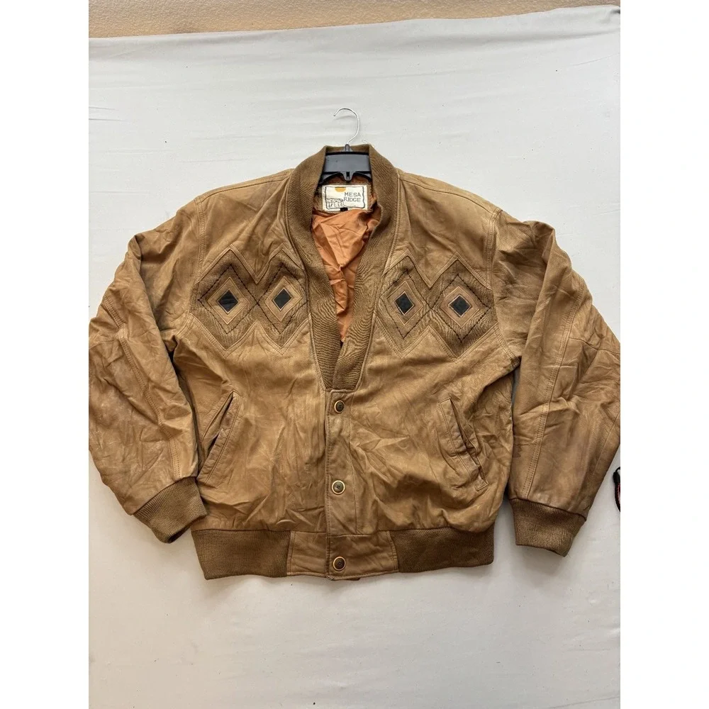 MESA RIDGE Vintage Men Tan Leather Bomber Jacket L Button Front Ribbed Trim